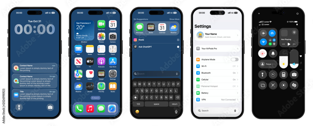 iOS UI vector design template featuring lock screen, home screen ...