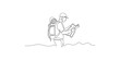 © Sujata - Continuous line drawing of a hiker with a backpack studying a map outdoors