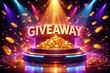 © TheWaterMeloonProjec - Vibrant neon scene of giveaway podium illuminated with spotlight and swirling golden coins