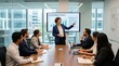 © habbi - Businesswoman presenting q4 performance metrics to a diverse group of colleagues in a modern office conference room with a large screen display