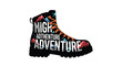 © Selim - Black silhouette of a hiking boot filled with a colorful mountain landscape and adventure themed text for outdoor enthusiasts.