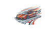 © Box - Orange Sports Car Speeding on Race Track with Checkered Flag.