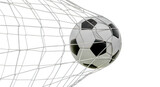 Classic black-and-white soccer ball with curved grid lines isolated on transparent background