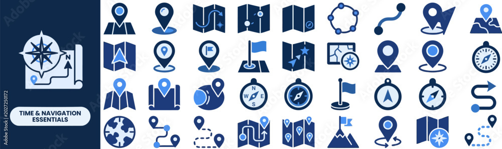 Time and Navigation flat icon set. Featuring compass needle, route map ...