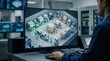 © DigitalSpace - Medium shot focused on a simulation of semiconductor manufacturing flow within a digital twin for optimizing production cycles.