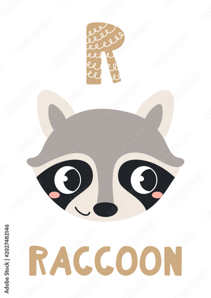 Letters R Raccoon Font Cute raccoon face, letter R, text, illustration isolated. ABC card ...