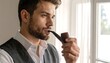 © Voli - A man in a vest and white shirt, thoughtfully holding a pipe near a window with natural light, gazing out
