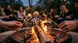 © Jafree - Friends roasting marshmallow over campfire at night. Group of people sitting around fire outdoors in evening. Camping trip, summer vacation, friendship, leisure, togetherness and outdoor lifestyle