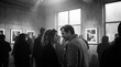 © AI Petr Images - Black and white photo of a couple talking in an art gallery, soft window light and framed prints behind them, intimate mood amid a quiet crowd