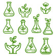 © springsullIllust - Eco Bio Plant Research Line Icon Set, Two Hands Sprout Flask Vector(친환경 바이오 식물 연구 라인 아이콘 세트, 두 손 새싹 플라스크 벡터 일러스트)