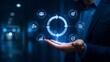 © M@rketVisualsStudio - Modern business professional presenting glowing circular loop hologram symbolizing continuous process improvement and sustainable strategy