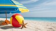 © Khawla - Italian festival Buon (happy in italian language) Ferragosto beach background with umbrella, volleyball and starfish. Summer holidays in Italy concept