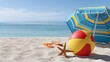 © Khawla - Italian festival Buon (happy in italian language) Ferragosto beach background with umbrella, volleyball and starfish. Summer holidays in Italy concept