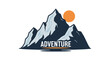 © Sheva - Snowy mountain range at sunrise with orange sun and adventure text