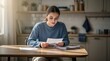 © AGI Studio - A young woman in a cozy kitchen reads documents intently at a wooden table with a stack of papers, bathed in warm natural light.