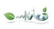 © MuhammadSolid - A conceptual illustration showing a wavy path of sustainable energy and environmental progress, featuring leaves, wind turbines, solar panels, and a water drop.