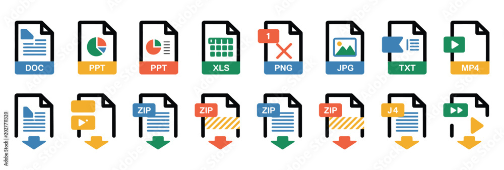 File type icon set featuring format symbols for download PDF DOC XLS ...