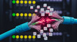 © CreativeIMGIdeas - Severed fiber optic cable with floating digital cubes in a data center representing network disruption and data loss