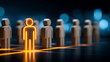 © Rosi - A highlighted wooden figure among a connected group, symbolizing leadership selection, talent recognition and human resources strategy.