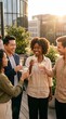 © RicardoLuiz - Diverse group of happy friends toasting with drinks on a rooftop terrace at sunset, enjoying an urban social gathering during golden hour