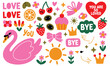 © Merittka - Pink heart-shaped card with love and farewell messages, surrounded by floral and star doodles