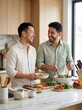 © RicardoLuiz - Happy gay couple or friends laughing while preparing a healthy salad together in a modern kitchen