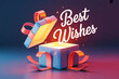 © Junaid - Glowing gift box with Best Wishes text, magical open surprise present with light, festive holiday celebration concept with pink and blue lighting