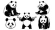 © Turbo - Panda bear icons, black and white vector set, 5 panda illustrations, cartoon style, monochrome animals, funny gun-wielding panda, cute panda faces