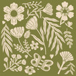 © Wahib - Hand drawn botanical elements and butterfly vector set. Vintage green floral doodle collection with wildflowers and leaves
