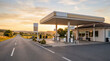 © Sekai - Generic oil station illuminated during golden hour featuring clean pumps quiet roads and soft shadows