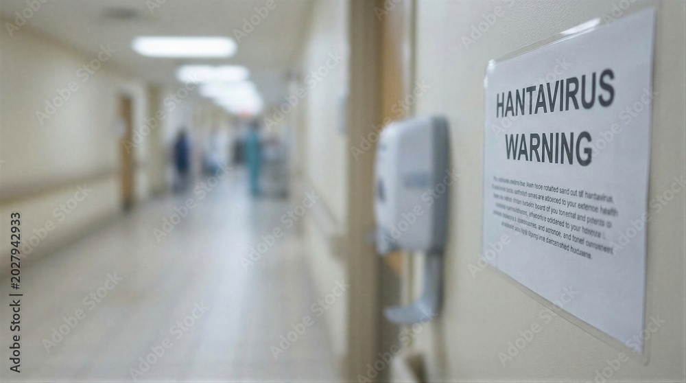 Hantavirus warning sign posted on a hospital wall corridor. Public ...