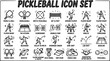 © victoria - Pickleball Icon Set: Black and White Line Art Glyphs of Players, Equipment, and Game Elements for Sports and Recreation