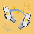 © Alona - Two smartphones held in hands with floating coins and an arrow indicating the need for a money transfer symbolize mobile banking, online transactions, and digital wallets. Vector illustration.