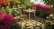 © VINA - A serene and vibrant outdoor patio featuring a wooden table and chairs, surrounded by lush greenery, colorful blooming flowers, and a unique stone-paved ground.