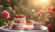 © Haroon Graphics - Elegant strawberry dessert tea table in blooming garden with warm sunlight and romantic luxury atmosphere