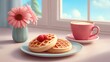 © buraratn - Delicious golden waffles with a fresh raspberry topping served with a cup of coffee and a pretty flower arrangement in a cozy breakfast setting