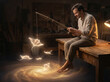 © Myrona - young man sitting on a desk fishing for glowing abstract idea shapes floating in the air as a creative inspiration concept