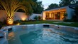 © miss irine - Modern house backyard with illuminated palm tree features outdoor jacuzzi and manicured lawn. Evening relaxation scene with ambient lighting creates peaceful spa ambiance.