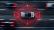© Raj - Autonomous car safety system on highway with red sensor detection network for smart vehicle technology traffic monitoring and driver assistance concept