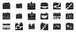 © Happy Carrot - Set of black soil profile icons showing various geological cross-sections with earth layers, plant roots, underground water, and buried fossils in a minimalist glyph style