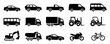 © Happy Carrot - Large set of black vehicle icons including cars, trucks, buses, and construction machinery presented in a clean, minimalist silhouette style for transportation and logistics concepts
