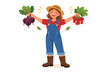 © Abdullah - Happy Female Farmer in Denim Overalls and Straw Hat Holding Freshly Harvested Organic Beets and Radishes, Joyful Woman Celebrating Successful Crop Harvest, Agriculture and Gardening Vector Art