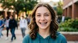 © Nique - Close-up portrait of teenage girl with braces smiling confidently, realistic modern youth concept