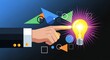 © Creative Design  - Bright glowing lightbulb illuminated by a pointing hand amidst dynamic geometric forms