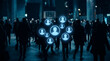 © dhiyaulhaq - Digital identity network concept with glowing profile icons over anonymous urban crowd silhouettes