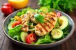 © Jakkrit - A vibrant and healthy lunchtime salad overflowing with fresh vegetables, grilled chicken, and a light vinaigrette dressing Perfect for a quick and nutritious midday meal , tasty, lifestyle, work
