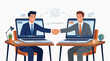 © Bassi images - Two businessmen in suits shake hands across computer screens signifying a successful remote business agreement or connection