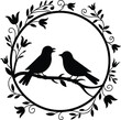 © MDASHRAFUL - Black silhouette of two birds sitting on a branch inside a circular floral frame Vector