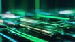 © Dava - Illuminated rectangular elements move across a dark, reflective surface in a dynamic digital environment.