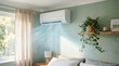 © Rahul - Modern air conditioning unit installed on a green wall in a cozy bedroom with a bed